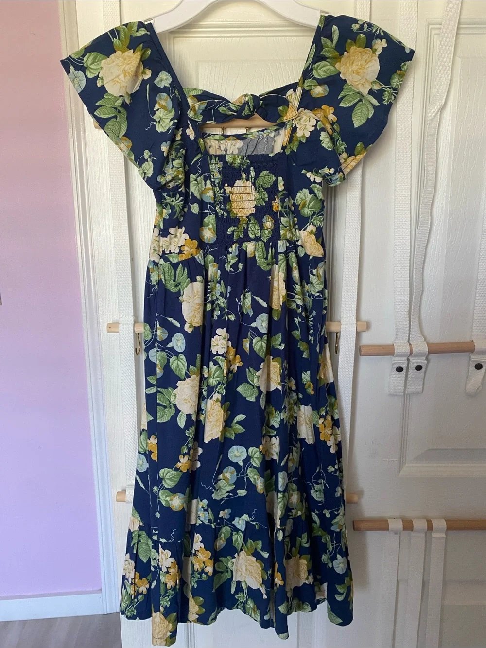 Old Navy Navy Floral Ruffle-Sleeve Dress with Yellow & Green Print